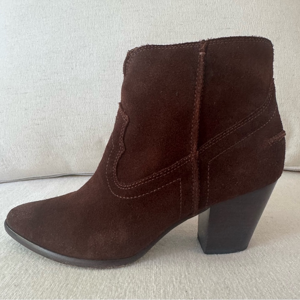 FRYE Western Brown Suede Ankle Booties, Stacked Heel, Size 8.5